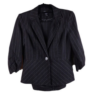 Robert Louis Black Pinstripe One Button Blazer Flared Leg Two Piece Pantsuit